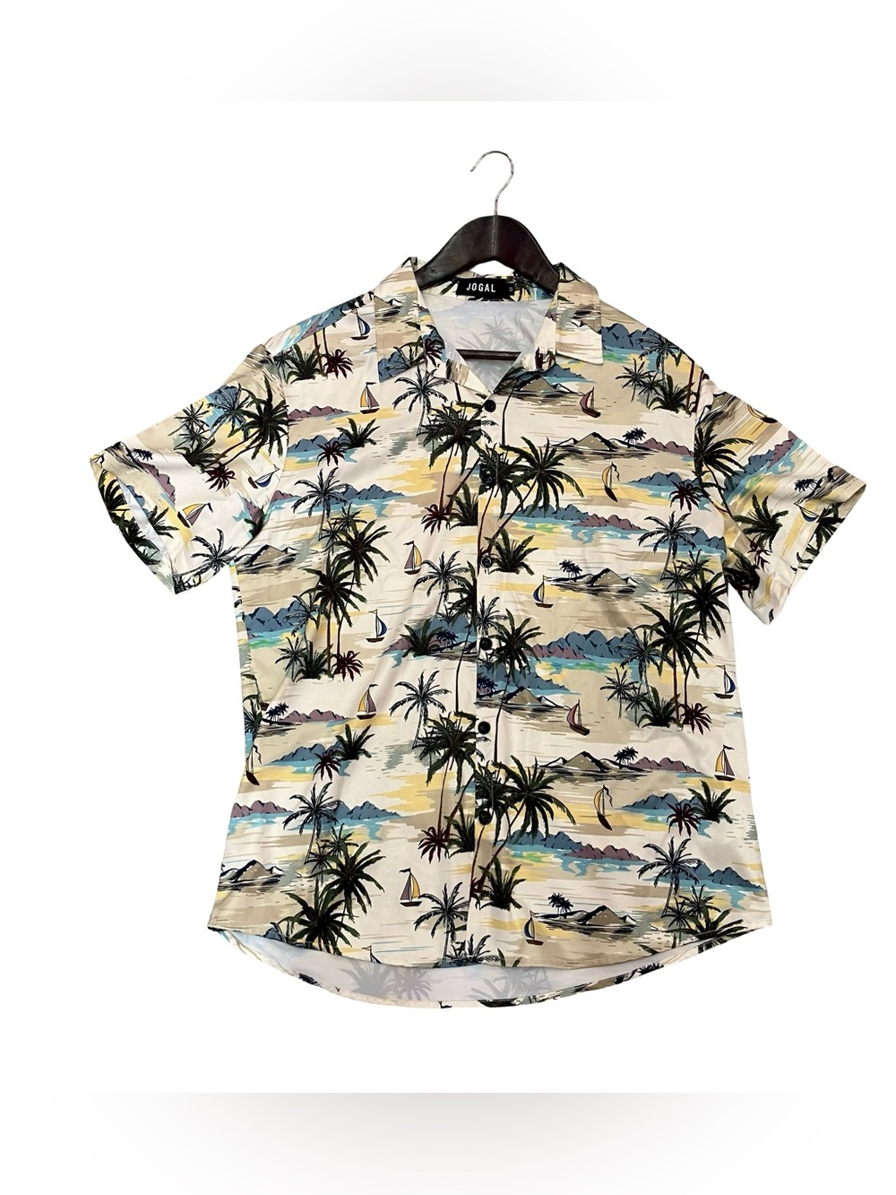 Jogal Hawaiian Shirt Men’s M Sailing Palm Trees Sunset Button Up Short Sleeve